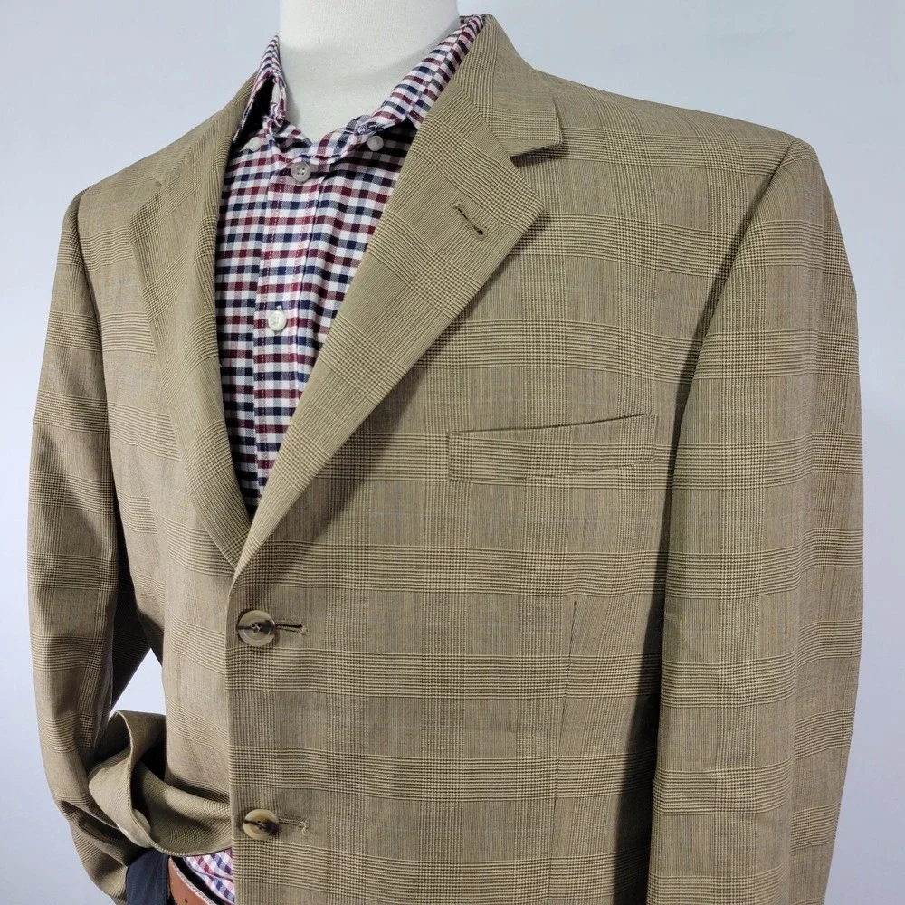 VTG Tommy Hilfiger Men's Sport Coat Blazer Three Button Brown Plaid Wool Sz‎ 44L
